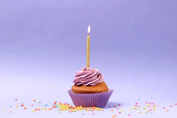 Delicioso Cupcake Con Una Vela Fondo Color Con Espacio Para —  Fotos de Stock