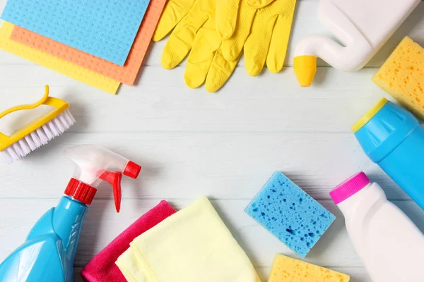 Cleaning Products Colored Background Top View — Stock Photo, Image