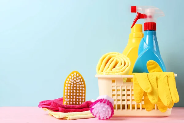 Cleaning Product Colored Background Side View Professional Cleaning Products Spring — Stock Photo, Image