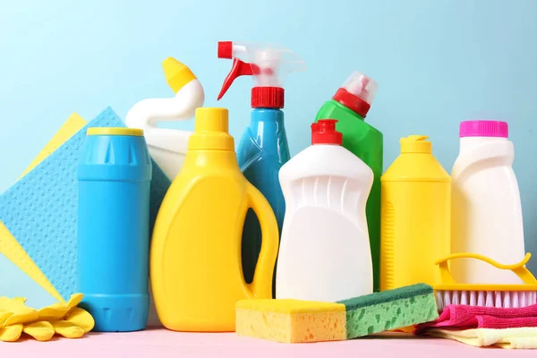 cleaning product on a colored background side view. Professional cleaning products, spring cleaning. Household chemicals