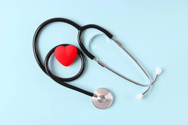 Stetoskop Och Hjärta Trä Färg Bakgrund Hälsa Medicin — Stockfoto