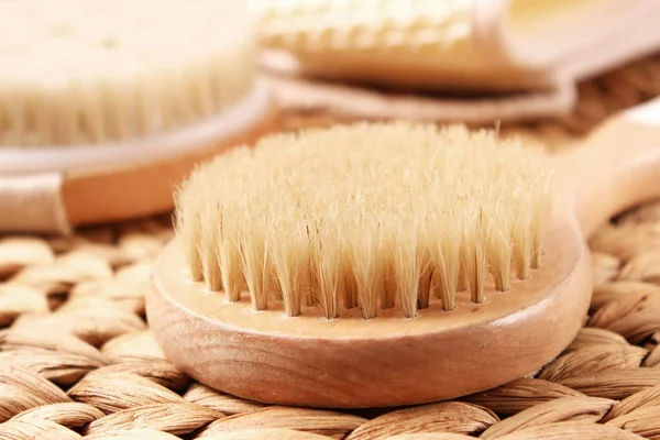 Brush Dry Massage Colored Background Top View — Stock Photo, Image