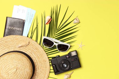 renkli arkaplan görünümünde seyahat aksesuarları ve tropikal yapraklar.