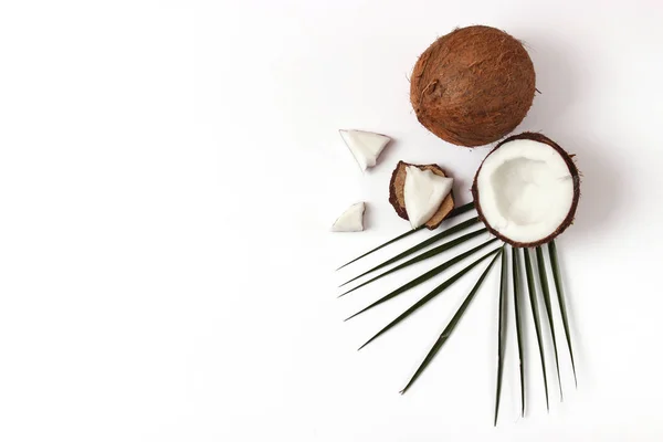 Gebroken Kokosnoot Een Witte Achtergrond Bovenaanzicht — Stockfoto