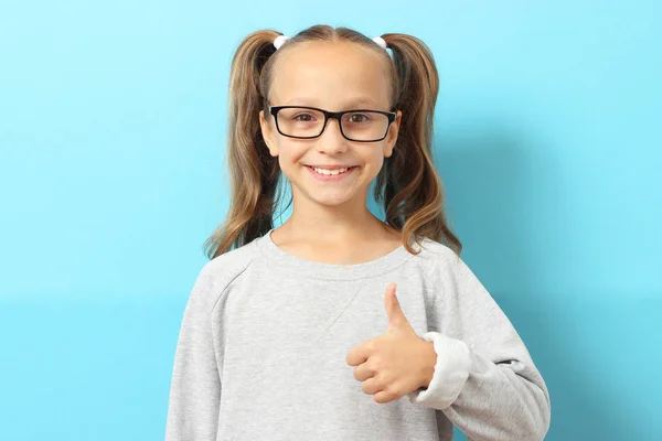 Portrait Cute Smiling Girl Glasses Color Background — Stock Photo, Image