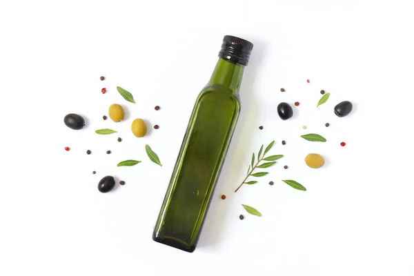 Оливкова Олія Пляшці Білому Тлі Вид Зверху — стокове фото