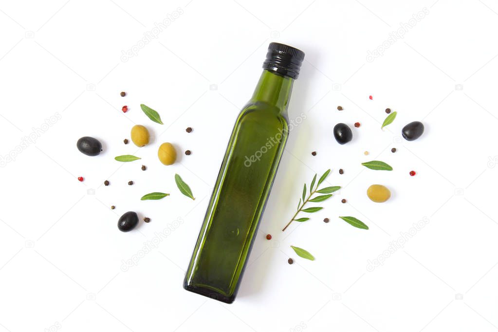 olive oil in a bottle on a white background top view.