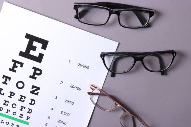 Renkli arka planda görüşü düzeltmek için görüş, gözlük ve lensler için bir tablo, üst görünüm. Oftalmolog aksesuarları.