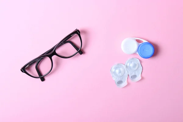 Table Checking Vision Glasses Lenses Correcting Vision Colored Background Top — Stock Photo, Image