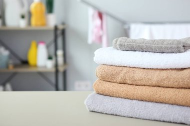 clean towels and laundry detergents in the laundry room