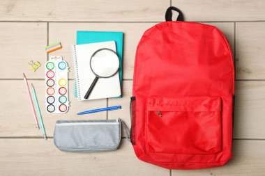 school backpack and school stationery top view. Concept back to school.
