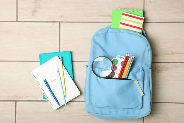 Mochila Escolar Papelaria Escola Vista Superior Conceito Volta Escola — Fotografia de Stock