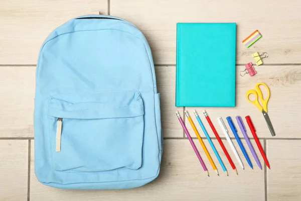 Mochila Escolar Papelaria Escola Vista Superior Conceito Volta Escola — Fotografia de Stock