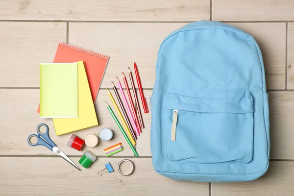 Mochila Escolar Papelaria Escola Vista Superior Conceito Volta Escola — Fotografia de Stock