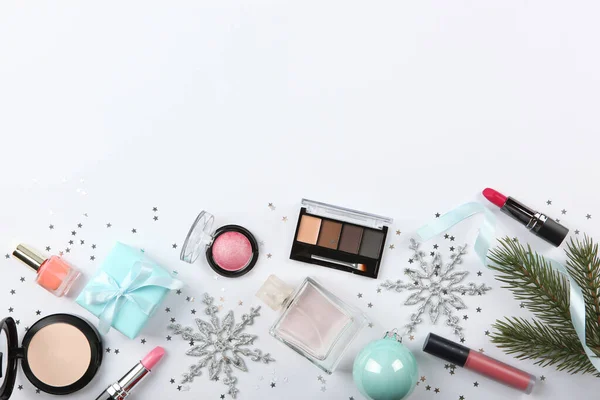 Beautiful Composition Christmas Decor Makeup Cosmetics Light Background Top View — Zdjęcie stockowe