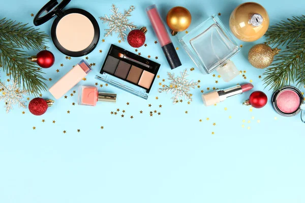 Beautiful Composition Christmas Decor Makeup Cosmetics Colored Background Top View — Stock Photo, Image