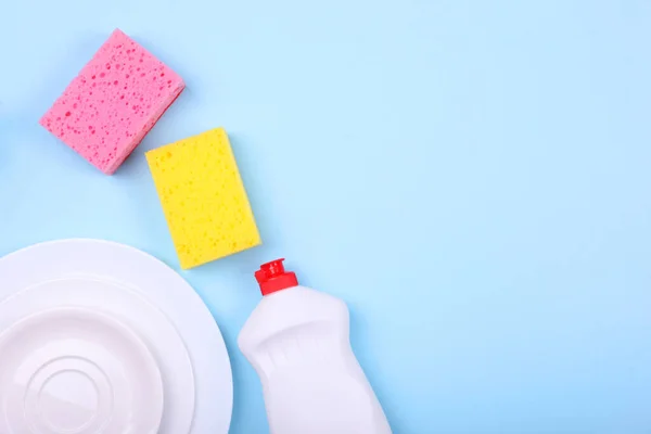 dishwashing liquid on a colored background top view. minimalism, space for text