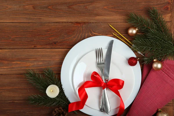 Réglage Table Pour Noël Nouvel Vue Dessus Vacances Mirimalisme Lieu — Photo