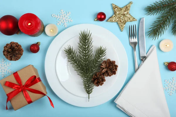 Réglage Table Pour Noël Nouvel Vue Dessus Vacances Mirimalisme Lieu — Photo