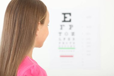 Tatlı küçük kız göz doktoruyla görüşünü kontrol ediyor. Görme testi