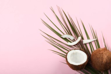 Renkli bir arka planda kırılmış hindistan cevizi.