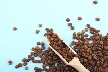 Renkli bir arka planda kahve çekirdekleri. Metin eklenecek yer, minimalizm