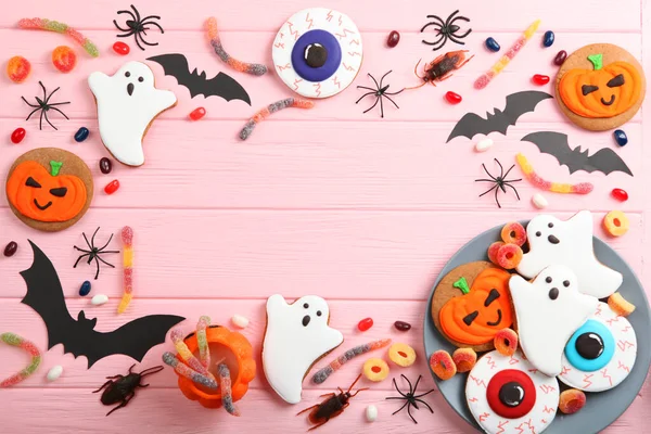 Halloween Background Gingerbread Other Sweets Top View Place Text — Stock Photo, Image