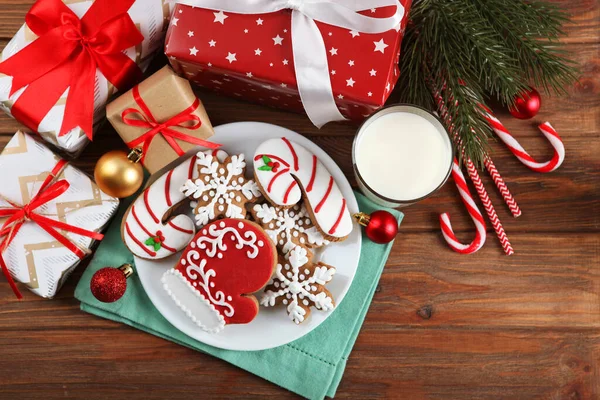 Lait Biscuits Noël Pour Père Noël Sur Table Fond Noël — Photo