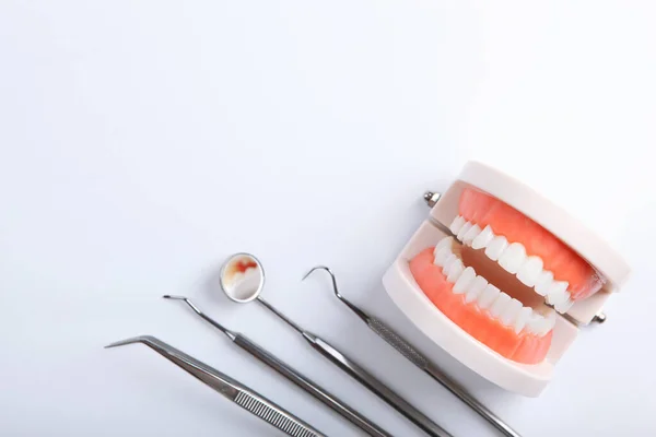 Modelo Dientes Instrumentos Dentales Productos Cuidado Dental Sobre Fondo Claro — Foto de Stock