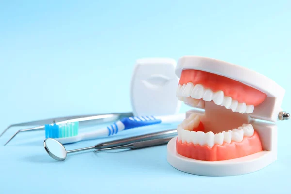 model of teeth and dental instruments and dental care products on colored background