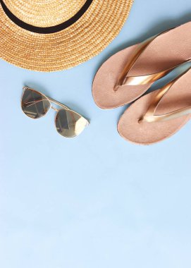 female slippers on a colored background top view. minimalism, women's shoes. High quality photo. Vertical photo format