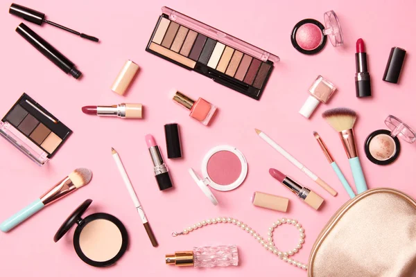 Cosmetics and makeup product on pink background. — skin, trendy - Stock  Photo | #358062048