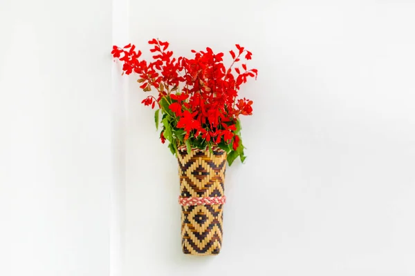 Bamboo flower vase with red lilac flowers hanging on the white wall. Isolated background.