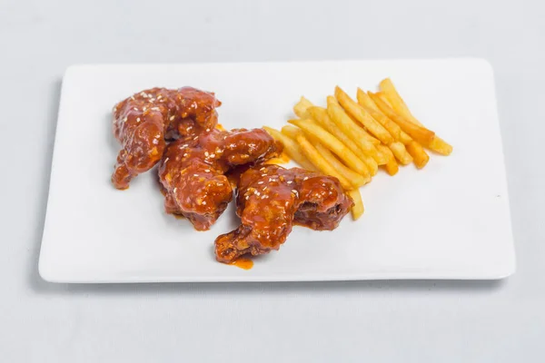 Spicy Hot Buffalo Wings French Fries White Sauce White Plate — Stock Photo, Image