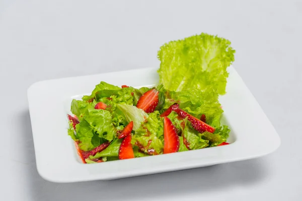 Colorful Delicious Strawberry Lettuce Salad Strawberry Balsamic Dressing Top View — Stock Photo, Image