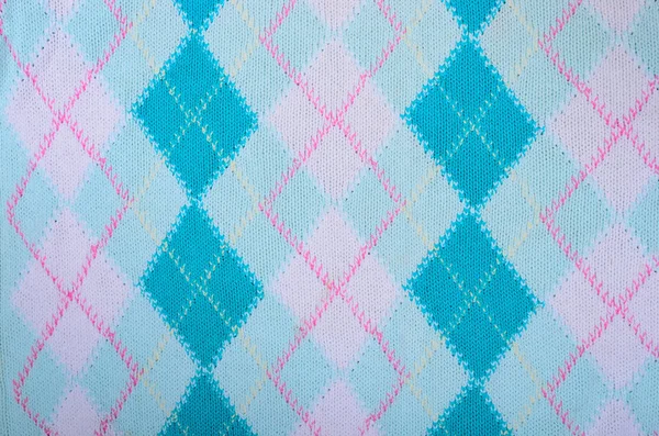 Close Knit Woolen Fabric Texture Blue Rhombus Woven Sweater Background — Stock Photo, Image