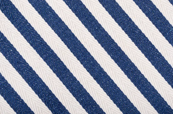 Zamknąć Paski Tkane Tkanina Tekstura Niebieski Biały Granatowy Ukośne Pasy — Zdjęcie stockowe