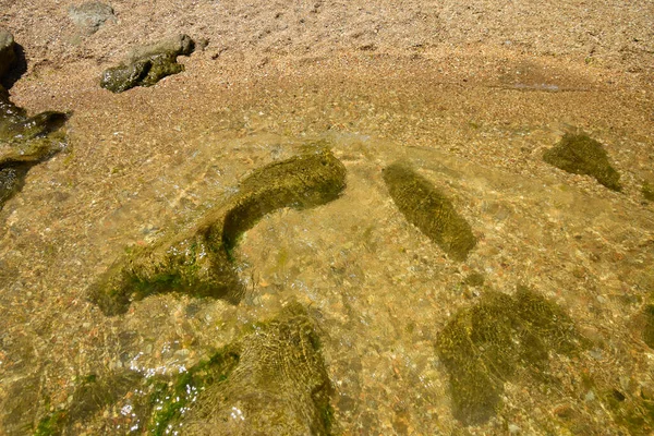 コーカサスの山岳ダゲスタン地域の澄んだ水と砂でカスピ海の岩や海岸に潮 — ストック写真