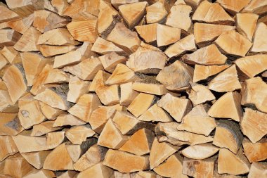  Kafkas Fagus doğudaki kayın ağacından katlanmış odun kütükleri ve kahverengi ahşap yapının görünür bir parçası.                  