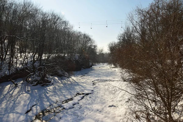 Vue Depuis Une Rivière Gelée Avec Des Arbres Sur Téléphérique — Photo