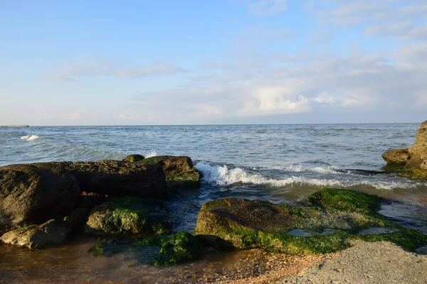Вигляд Вечірнього Узбережжя Каспійського Моря Хвилями Камінням Блакитним Небом Узбережжі — стокове фото