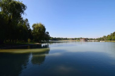  Kuzey Kafkasya 'nın eteklerinde Nalchik şehrinin dinlenme alanı ve ağaçlarıyla bir tatil köyü manzarası.                              