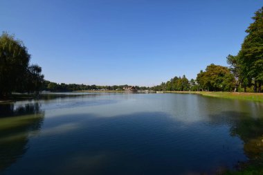 Kuzey Kafkasya 'nın eteklerinde Nalchik şehrinin bir dinlenme alanı ve ağaçları bulunan akşam eteklerinin manzarası.                              
