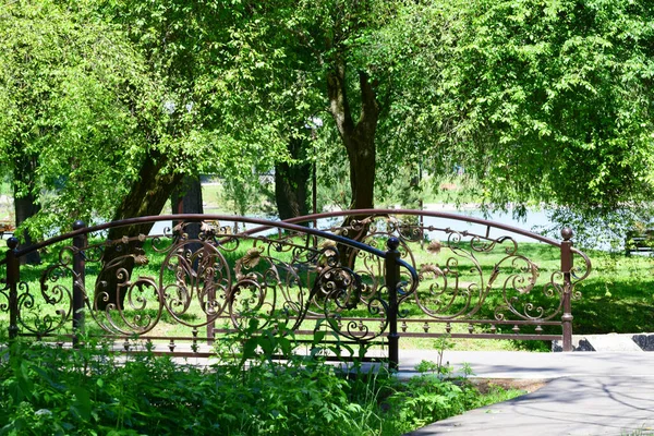 Bro För Vila Bland Träden Parken Nära Sjön Vid Foten — Stockfoto