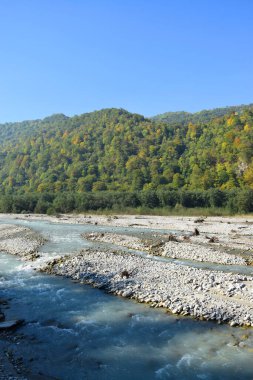   Kuzey Kafkasya 'nın dağlarındaki Cherek Vadisi' nde taşlı ve dağlı hızlı dağ nehri manzarası                             