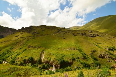Kuzey Kafkasya 'nın dağlarındaki Narzanov vadisinde Kabardino-Balkaria' nın Zolsk bölgesindeki dağların tepelerinde yaz yasakları bulunan Alp çayır Panoraması                              