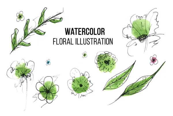 Rustic watercolour flower elements doodle for print design.