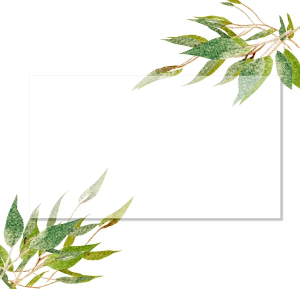 Wieniec z akwarelowymi zielonymi gałęziami i liśćmi, kwiatowa ramka, ręcznie rysowany szablon — Zdjęcie stockowe