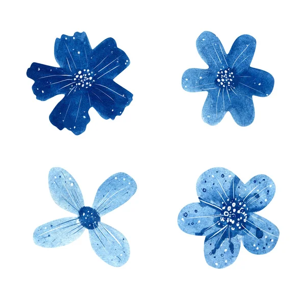 Set of blue watercolor flowers isolated on white background. — Stockfoto