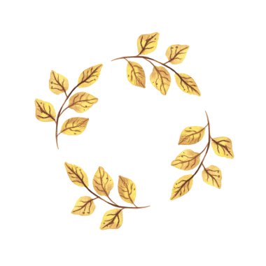 Yaprakların sonbahar çelengi elle çizilmiş. Suluboya çizimi. Tebrik kartı ya da davetiye. Sonbahar dekorasyonu. Beyaz arkaplanda izole edilmiş..